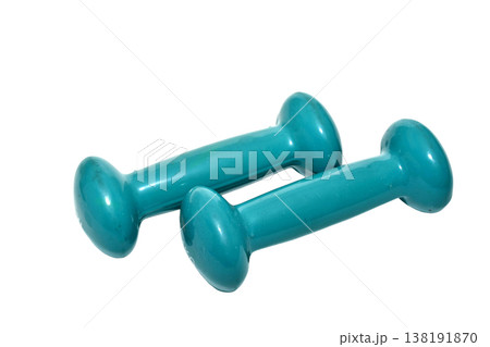 Turquoise fitness dumbbells. 138191870