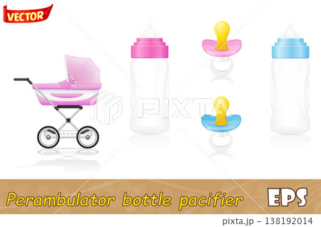 set icons perambulator bottle pacifier pink and blue vector illustration 138192014