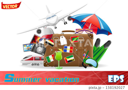 old suitcase for travel and elements for a summer recreation vector illustration 138192027