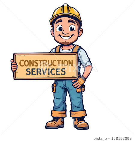 Vsai smiling cartoon construction worker holding sign 138192098