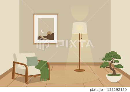 Cozy Japandi interior with armchair and floor lamp vector illustration. Cozy Japandi interior with armchair and floor lamp vector illustration. 138192129