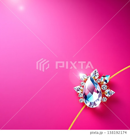 ​マゼンタピンクに輝く雫型の宝石とゴールドライン　ビジュー　高級感　コピースペース　ジュエリー広告背 138192174