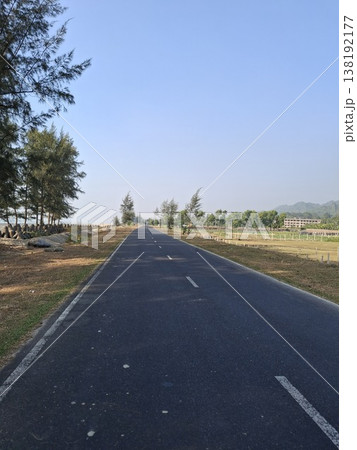 Empty Rural Road Leading to the Horizon Through Countryside Trees Under a Clear Blue Sky 138192177
