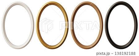 Four oval picture frames in white, gold, brown, and black are arranged neatly. They stand out clearly on a simple backdrop perfect for showcasing photos or art 138192188