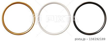 Three round picture frames are displayed on a clear background. The frames are in three different colors. They are meant for showcasing pictures or artwork. This setup can help in design ideas 138192189