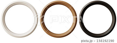 Cut out of three round picture frames placed on a clear background. Each frame shows a different color and design for creative displays in various settings 138192190