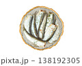 Source of omega. Sprat in oil in a transparent plate isolated on a white background. Top view. 138192305