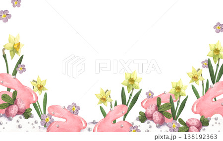 A watercolor frame featuring Easter cake illustrations with cute decorations and icing A watercolor frame featuring Easter cake illustrations with cute decorations and icing 138192363