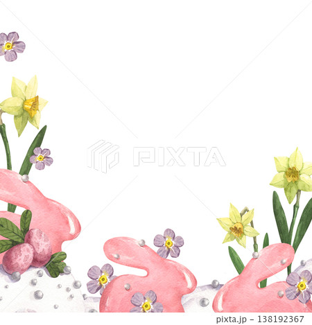 A watercolor frame featuring Easter cake illustrations with cute decorations and icing A watercolor frame featuring Easter cake illustrations with cute decorations and icing 138192367