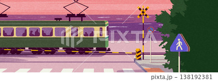 Pastel summer illustration with ocean, railway and holiday atmosphere. 138192381