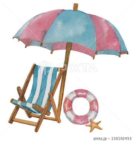 Beach Chair with Starfish Watercolor Summer Coastal Illustration 138192453