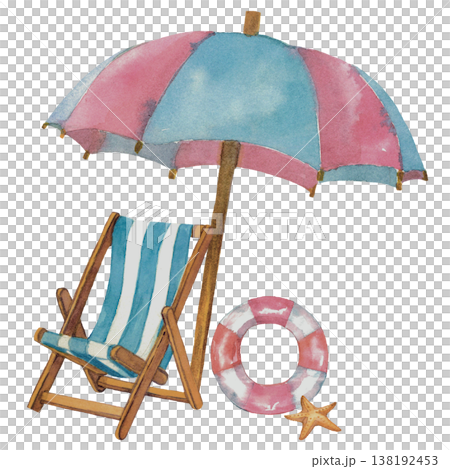 Beach Chair with Starfish Watercolor Summer Coastal Illustration 138192453