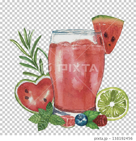 Watermelon Cocktail Watercolor Fresh Summer Fruit Drink 138192456