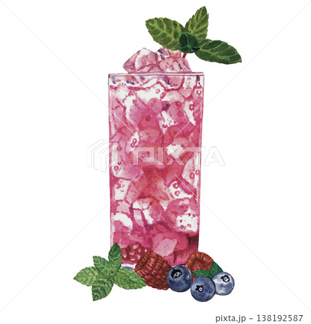 Berry Cocktail Watercolor Fresh Fruit Drink with Mint and Ice 138192587