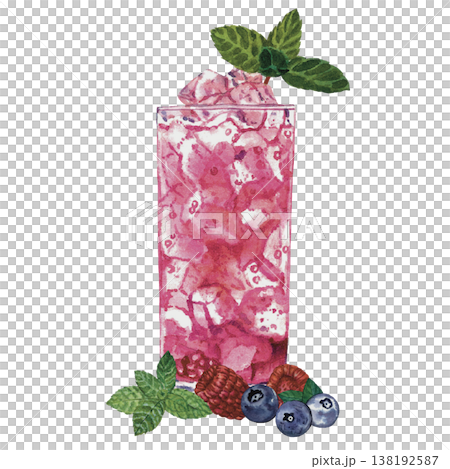 Berry Cocktail Watercolor Fresh Fruit Drink with Mint and Ice 138192587