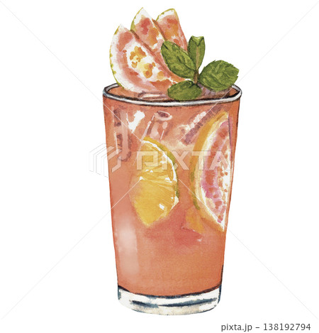 Orange Cocktail Watercolor Fresh Citrus Drink with Ice Orange Cocktail Watercolor Fresh Citrus Drink with Ice 138192794