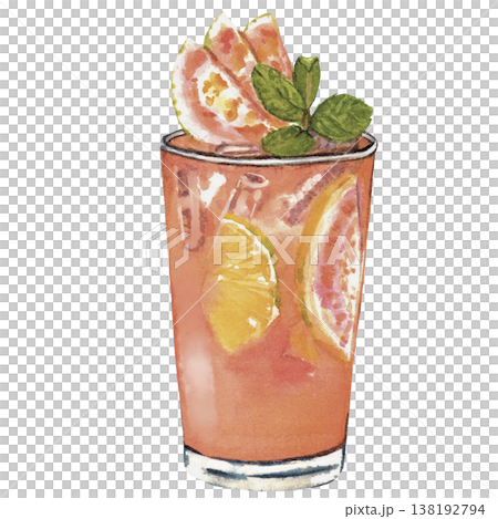 Orange Cocktail Watercolor Fresh Citrus Drink with Ice Orange Cocktail Watercolor Fresh Citrus Drink with Ice 138192794