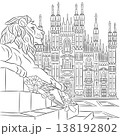 Black and white lion statue with cathedral facade in Milan, Italy vector illustration 138192802