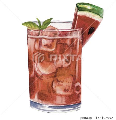 Watermelon Cocktail Watercolor Fresh Summer Drink with Ice and Mint 138192952