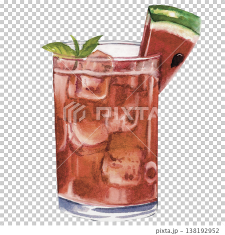 Watermelon Cocktail Watercolor Fresh Summer Drink with Ice and Mint 138192952