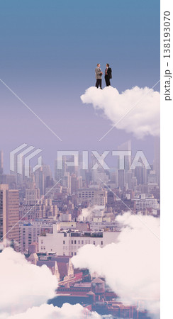 Two businessmen talking on cloud above city skyline in surreal corporate scene Two businessmen talking on cloud above city skyline in surreal corporate scene 138193070