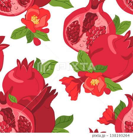 A pattern of whole pomegranates, pieces with seeds, leaves, and flowers. Seamless vector background in a flat style. Clipart for juice, perfume, and cosmetic packaging. A pattern of whole pomegranates, pieces with seeds, leaves, and flowers. Seamless vector background in a flat style. Clipart for juice, perfume, and cosmetic packaging. 138193264