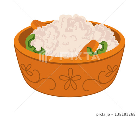 Vegetables marinated in brine lie on a plate. Vector illustration of a pickled harvest. Cauliflower, carrots, peppers, and garlic are home marinated. A healthy vegetarian dish. 138193269