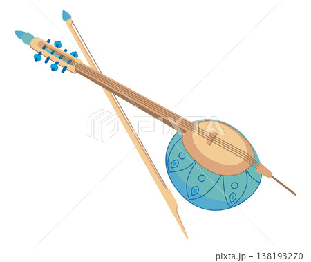 The kamancheh is an Iranian string instrument used in Persian, Azerbaijani, and Kurdish music. Wooden version of the oriental lute and bow. Kemanjah for folk music. Vector kabak in flat style. The kamancheh is an Iranian string instrument used in Persian, Azerbaijani, and Kurdish music. Wooden version of the oriental lute and bow. Kemanjah for folk music. Vector kabak in flat style. 138193270