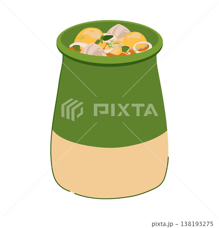 Abgoosht or Dizi, is a simple, hearty one pot dish made with wholesome ingredients. It stews vegetables, meat, and beans in a special ceramic pot called Dizizarfi. Traditional family meal in Iran 138193275