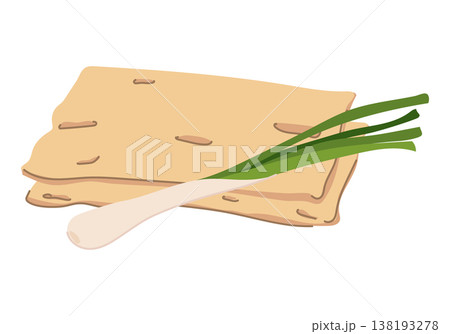 Jewish matzah bread. Vector illustration of unleavened lavash and green onions. Flat style. Two slices of homemade bread and greens lie on the table. 138193278