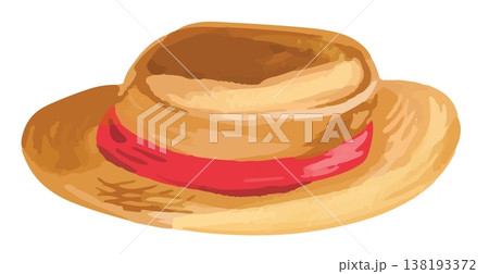 Watercolor style vector illustration of summer straw hat with red ribbon isolated on white background Watercolor style vector illustration of summer straw hat with red ribbon isolated on white background 138193372