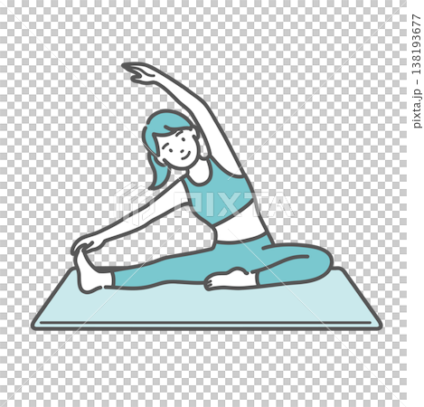 An illustration of a smiling woman sitting and stretching. 138193677