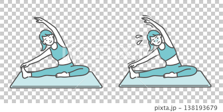 一組對比伸展運動的插圖（一位身體柔韌的女性和一位身體僵硬的女性）。 138193679