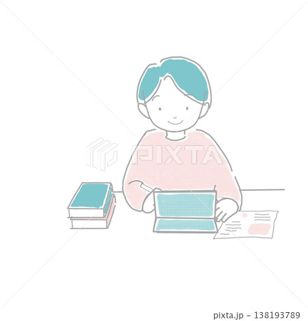 タブレットを使って勉強や宿題をする男の子のイラスト タブレットを使って勉強や宿題をする男の子のイラスト 138193789
