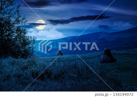rural landscape with field on hill at night. alpine scenery with traditional haystack in full moon light. mountainous countryside hayfield during summer. backdrop for fiction art or mystery concept 138194072