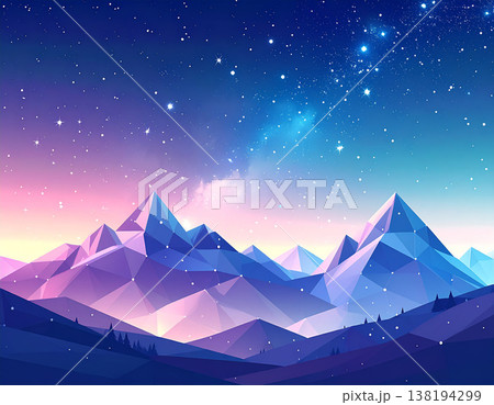 星空とローポリ山と森の夜景風景イラスト 138194299