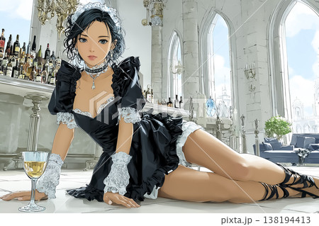 ゴシック調の空間で横になるメイドカフェ店員のイラスト 138194413