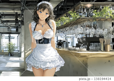 カウンター前に立つメイドカフェ店員のイラスト 138194414