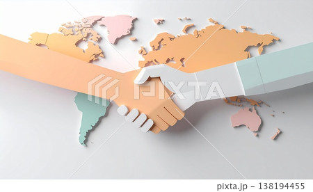 世界地図と握手の3Dペーパークラフト、フェアトレードと国際協力のシンプルなコンセプトイメージ 世界地図と握手の3Dペーパークラフト、フェアトレードと国際協力のシンプルなコンセプトイメージ 138194455