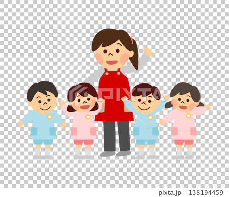 保育士の女性とスモックを着ている園児たち 保育士の女性とスモックを着ている園児たち 138194459