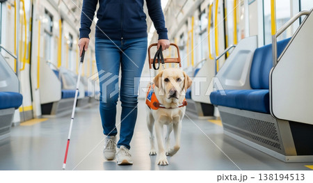 電車に乗る盲導犬と視覚障害者の通勤シーン 138194513