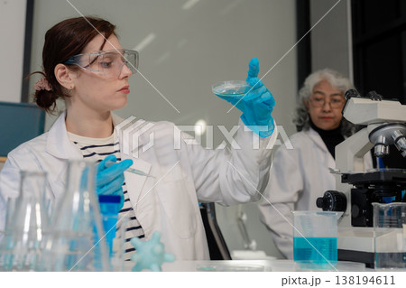 Scientist works with a pipette and a test tube. Scientific laboratory of biotechnology, development of medicine and research in chemistry, biochemistry and experiments. Scientist works with a pipette and a test tube. Scientific laboratory of biotechnology, development of medicine and research in chemistry, biochemistry and experiments. 138194611