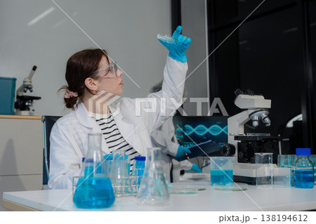 Scientist works with a pipette and a test tube. Scientific laboratory of biotechnology, development of medicine and research in chemistry, biochemistry and experiments. 138194612