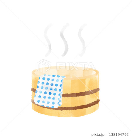 温泉 桶 手ぬぐい 水玉模様 水彩 イラスト かわいい デフォルメ 銭湯 お風呂 素材 138194792