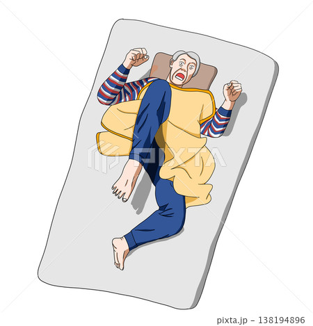 レビー小体型認知症の症状で、レム睡眠行動障害により夜間に攻撃的になる高齢男性のイラスト 138194896