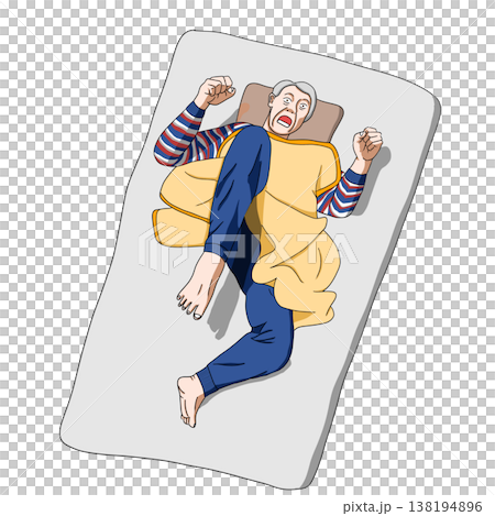 插圖描繪了一位老年男子因快速動眼睡眠行為障礙（路易氏體失智症的症狀之一）而在夜間變得具有攻擊性。 138194896