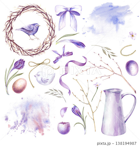 A spring set with branches, crocuses, ribbons, eggs and watercolor spots in purple flowers. Watercolor illustration with festive elements for home decor. Realistic clipart for Easter holiday design 138194987