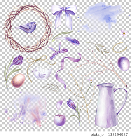 A spring set with branches, crocuses, ribbons, eggs and watercolor spots in purple flowers. Watercolor illustration with festive elements for home decor. Realistic clipart for Easter holiday design 138194987