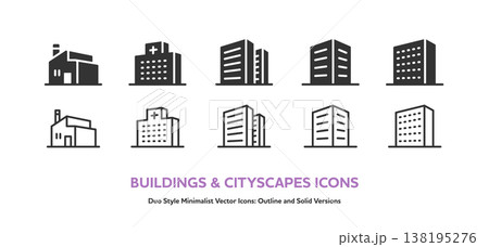 様々な建造物アイコンセット。工場,病院,ビル,マンション等のシンプルなベクターアイコン 138195276