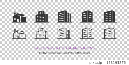 様々な建造物アイコンセット。工場,病院,ビル,マンション等のシンプルなベクターアイコン 138195276